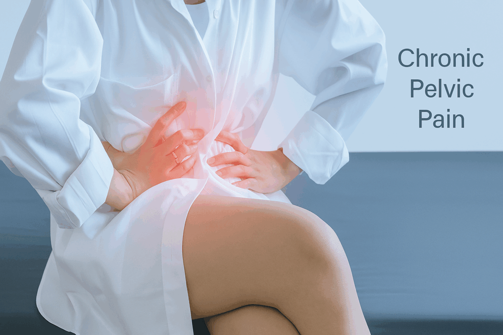 A woman sitting on a bed, pressing her lower abdomen with both hands, with a red glow highlighting the area of pelvic pain.
