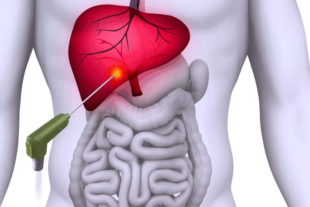 Lung Tumour ablation: Digital medical illustration showing a minimally invasive liver tumor ablation procedure. A probe is inserted through the abdominal wall, targeting a tumor in the liver with heat energy, while surrounding organs such as the intestines are visible for anatomical context.