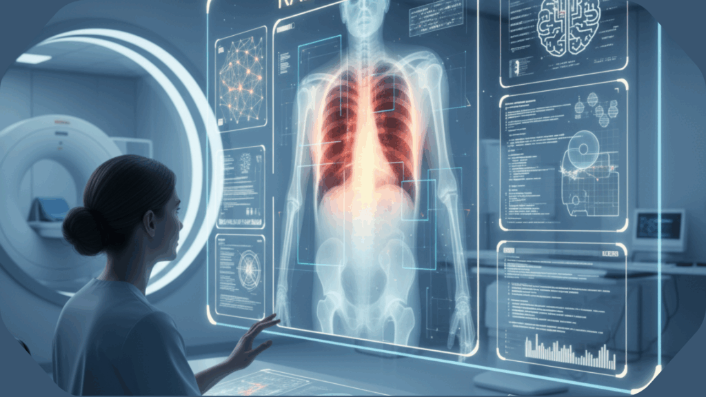 Radiology with AI: 
A medical professional interacts with a large, transparent digital screen displaying a full-body X-ray image of a human torso. The screen includes highlighted regions in the lungs and abdomen, along with detailed medical data, diagrams, and brain scans. In the background, a modern MRI or CT scanner is visible, indicating a high-tech diagnostic imaging environment. 