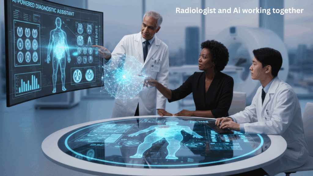 Three medical professionals—two doctors and one tech expert—collaborate in a modern radiology lab featuring advanced AI technology. They are interacting with large, futuristic holographic displays showing human anatomy, brain scans, and diagnostic data. A large circular table displays a full-body scan, and a transparent 3D neural network hologram connects their workspaces. The environment suggests seamless integration of AI in medical diagnostics. A caption in the top right reads: "Radiologist and AI working together."
