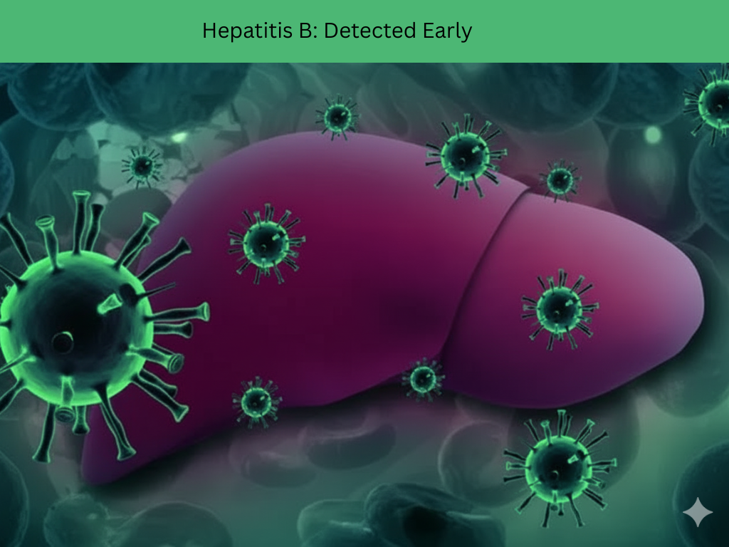 Illustration of a human liver surrounded by green virus-like particles, representing Hepatitis B infection. The text at the top reads “Hepatitis B: Detected Early.