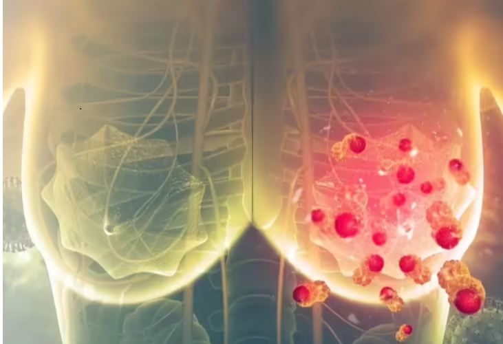 Breast Tumour: Medical illustration of the human chest showing breast anatomy, with the right breast highlighted in red and displaying clusters of abnormal cancer cells, indicating breast cancer.
