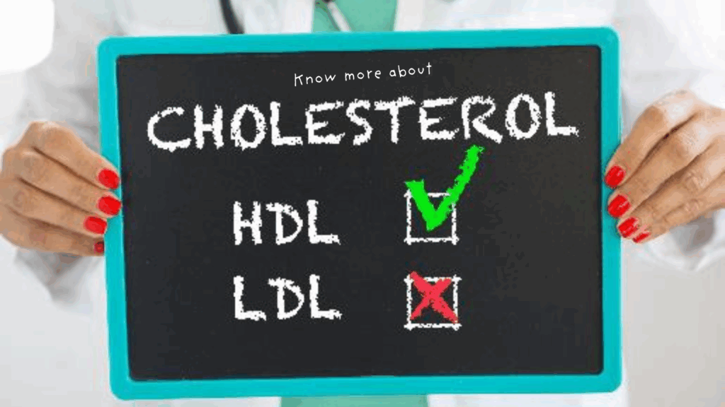 Person holding a chalkboard showing the word cholesterol with a green checkmark for HDL (good cholesterol) and a red cross for LDL (bad cholesterol), highlighting healthy cholesterol management.