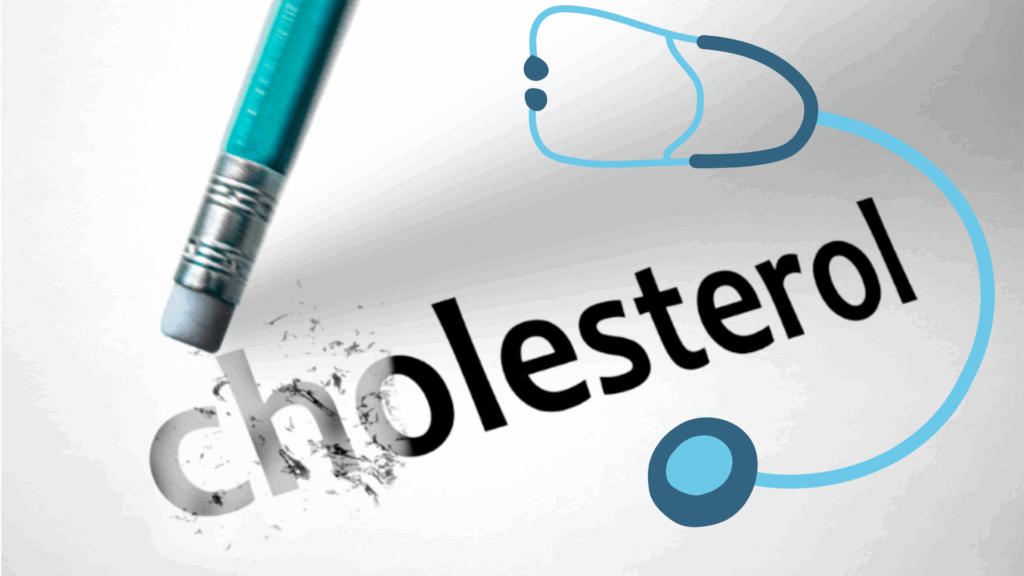 A pencil erasing the word “cholesterol” with a stethoscope illustration, symbolizing lowering cholesterol for better heart health.