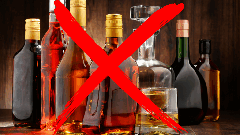 Drinks: Assorted alcohol bottles with a large red cross mark over them, symbolizing prohibition or no alcohol.
