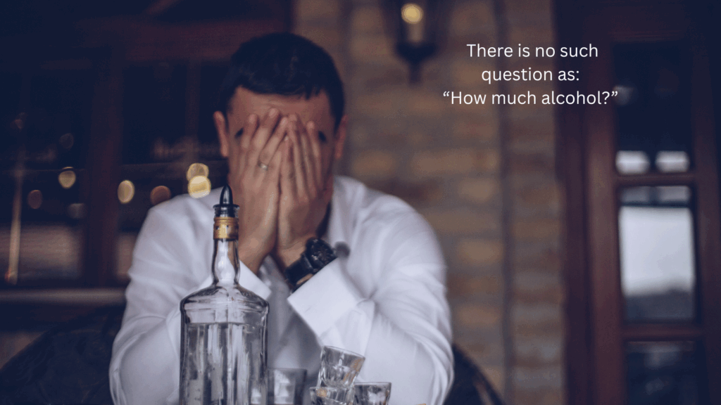 Sad man covering his face with hands next to a bottle of alcohol and glasses, with text saying “There is no such question as: How much alcohol?” highlighting the dangers of drinking and alcohol abuse.