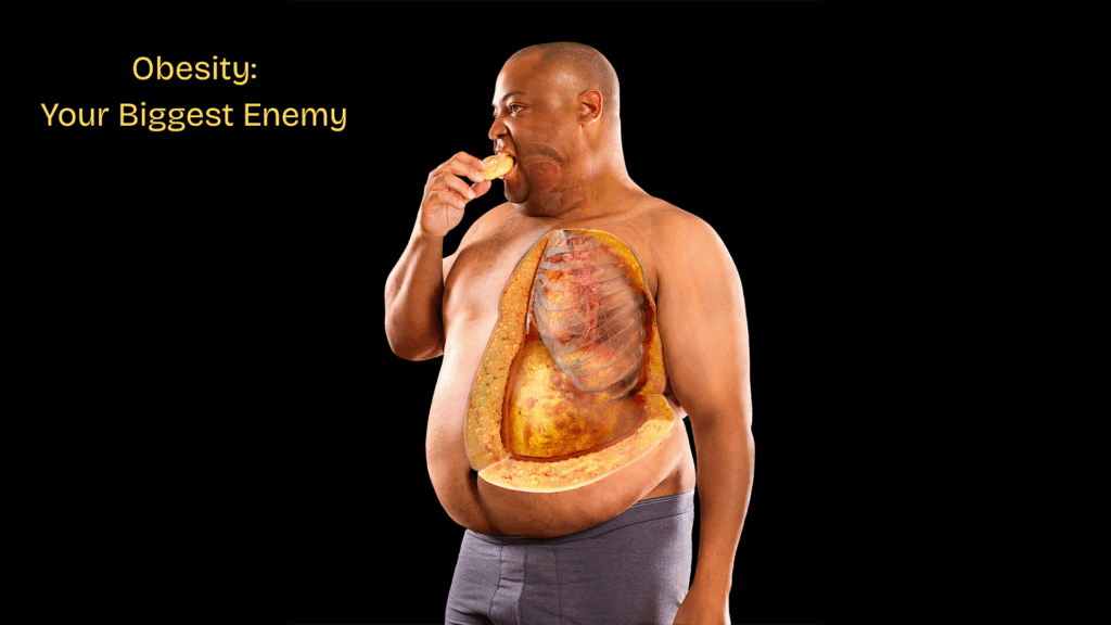 A digitally altered image of an overweight man eating a cookie. The man's chest and abdomen are semi-transparent, showing layers of internal fat and organs such as the lungs and intestines, emphasizing the health impact of obesity. The background is black, and on the left side of the image, yellow text reads: "Obesity: Your Biggest Enemy.