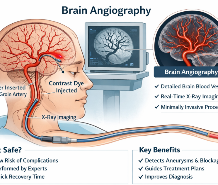Medical illustration showing cerebral blood vessels during a brain angiography procedure, highlighting safety and precision.