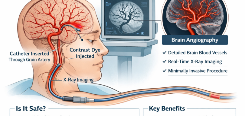 Medical illustration showing cerebral blood vessels during a brain angiography procedure, highlighting safety and precision.